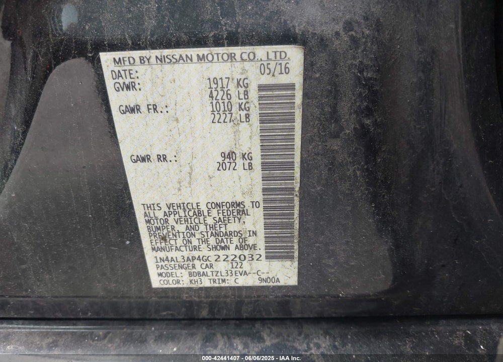 2016 NISSAN ALTIMA VIN: 1N4AL3AP4GC222032