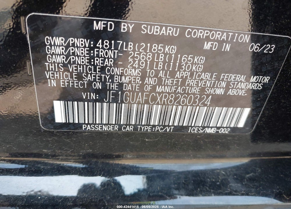 2024 SUBARU IMPREZA SPORT 5-DOOR VIN: JF1GUAFCXR8260324