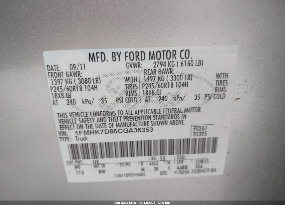 2012 FORD EXPLORER XLT VIN: 1FMHK7D86CGA36353