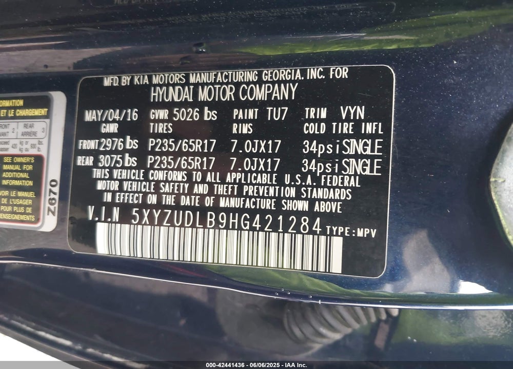 2017 HYUNDAI SANTA FE SPORT 2.4L VIN: 5XYZUDLB9HG421284