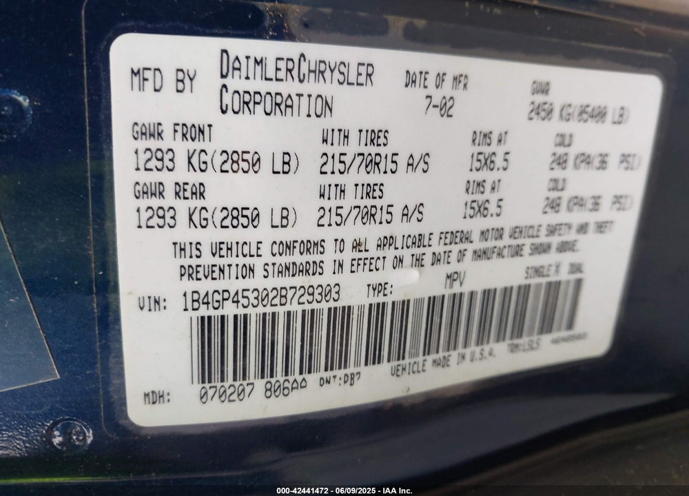 2002 DODGE CARAVAN SPORT VIN: 1B4GP45302B729303