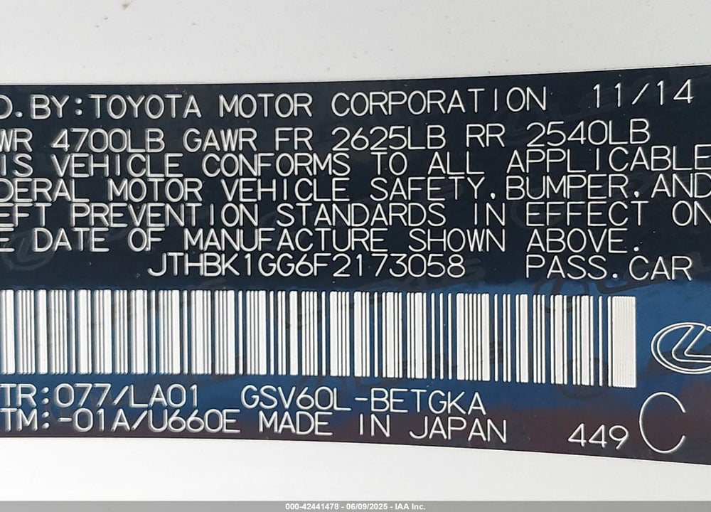 2015 LEXUS ES 350 VIN: JTHBK1GG6F2173058