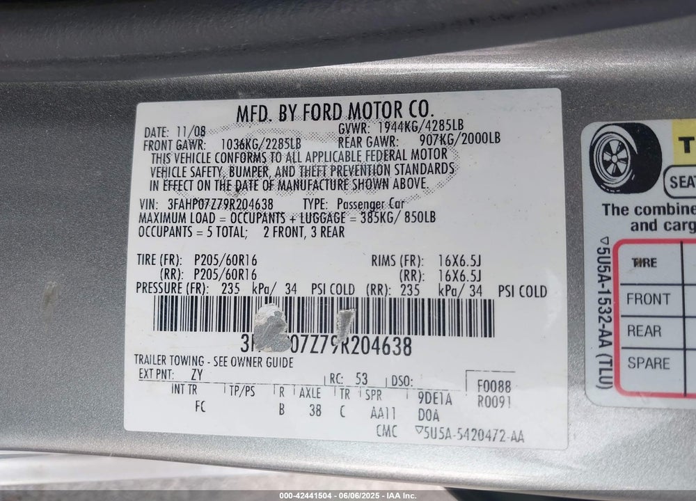 2009 FORD FUSION VIN: 3FAHP07Z79R204638