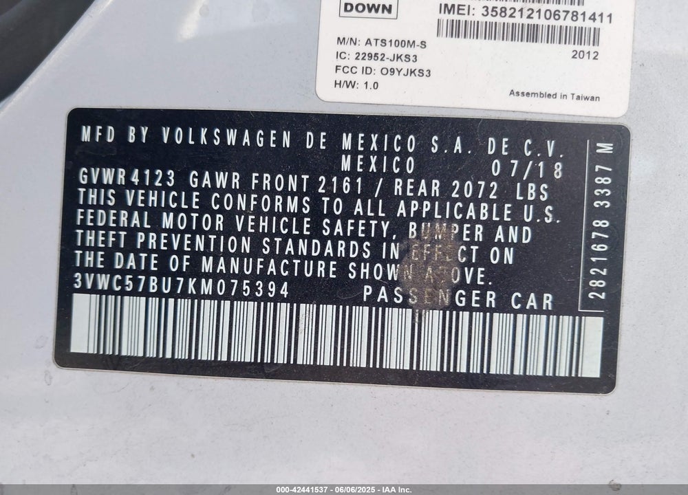 2019 VOLKSWAGEN JETTA VIN: 3VWC57BU7KM075394