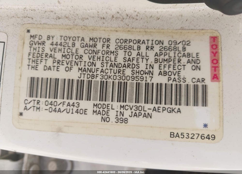 2003 TOYOTA CAMRY LE/XLE VIN: JTDBF30K030095917