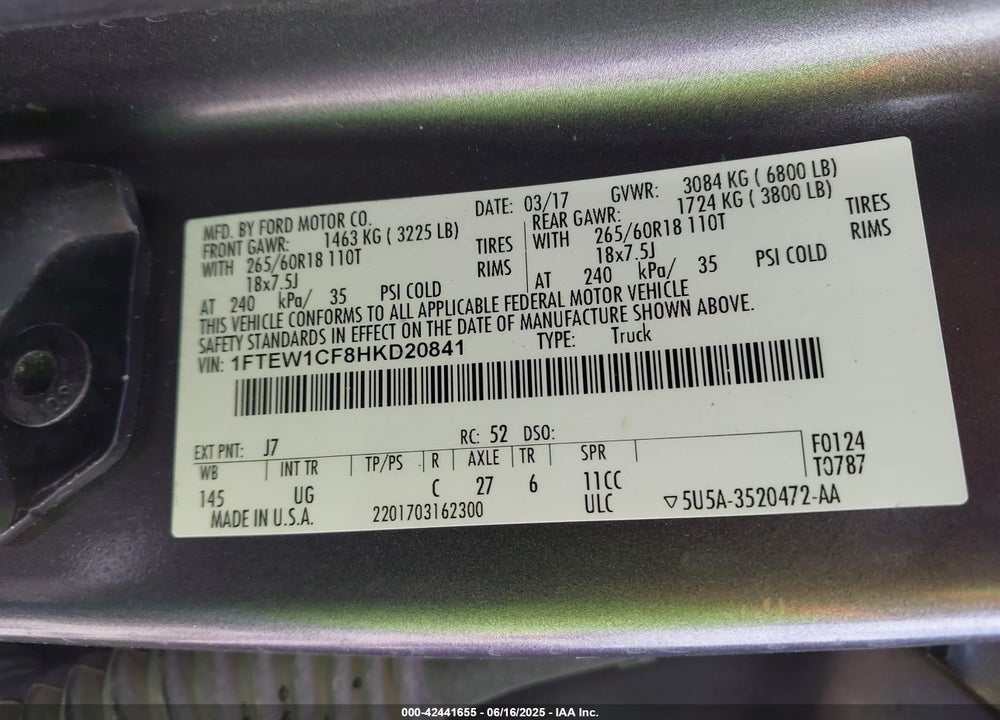 2017 FORD F-150 VIN: 1FTEW1CF8HKD20841