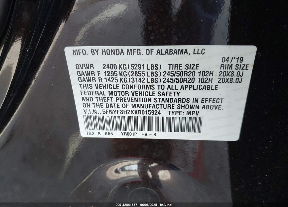 2019 HONDA PASSPORT VIN: 5FNYF8H2XKB015924