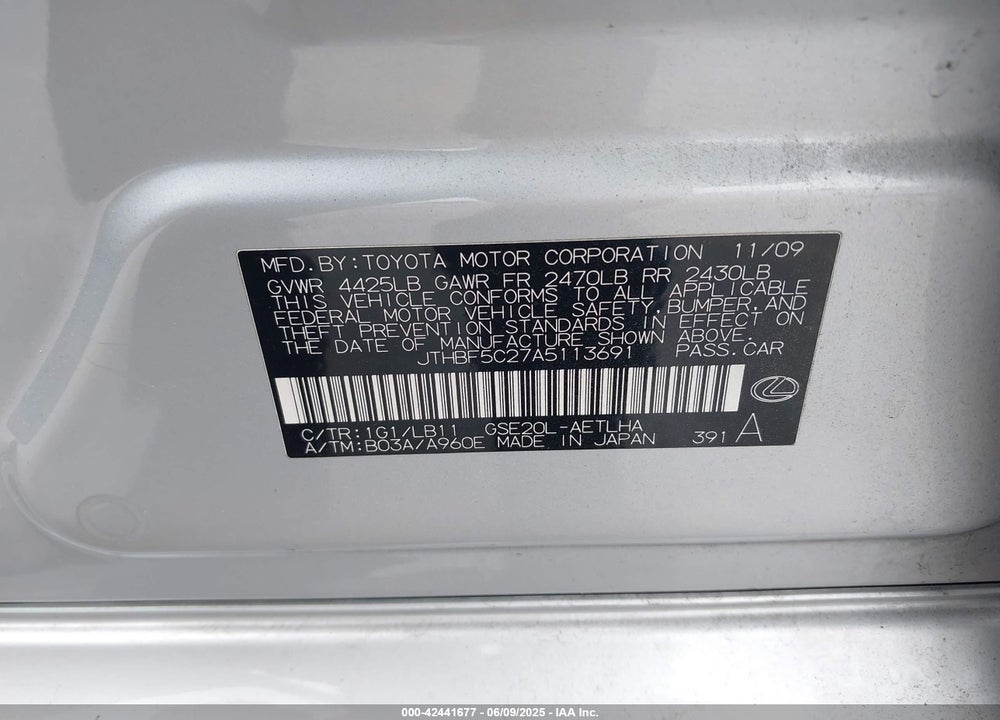 2010 LEXUS IS 250 VIN: JTHBF5C27A5113691