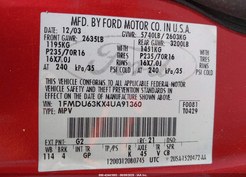 2004 FORD EXPLORER VIN: 1FMDU63KX4UA91360