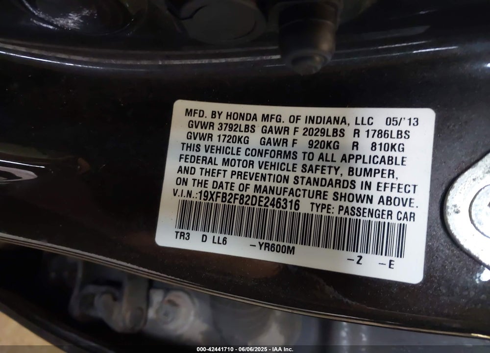 2013 HONDA CIVIC EX VIN: 19XFB2F82DE246316