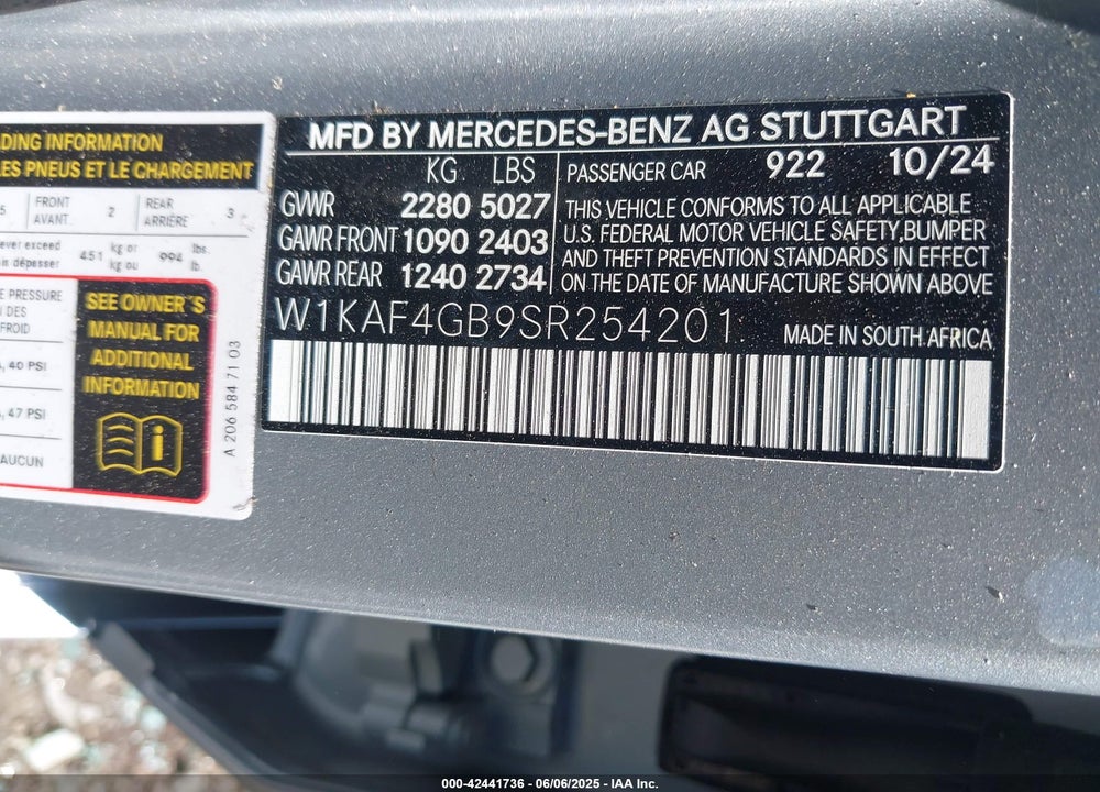 2025 MERCEDES-BENZ C CLASS VIN: W1KAF4GB9SR254201