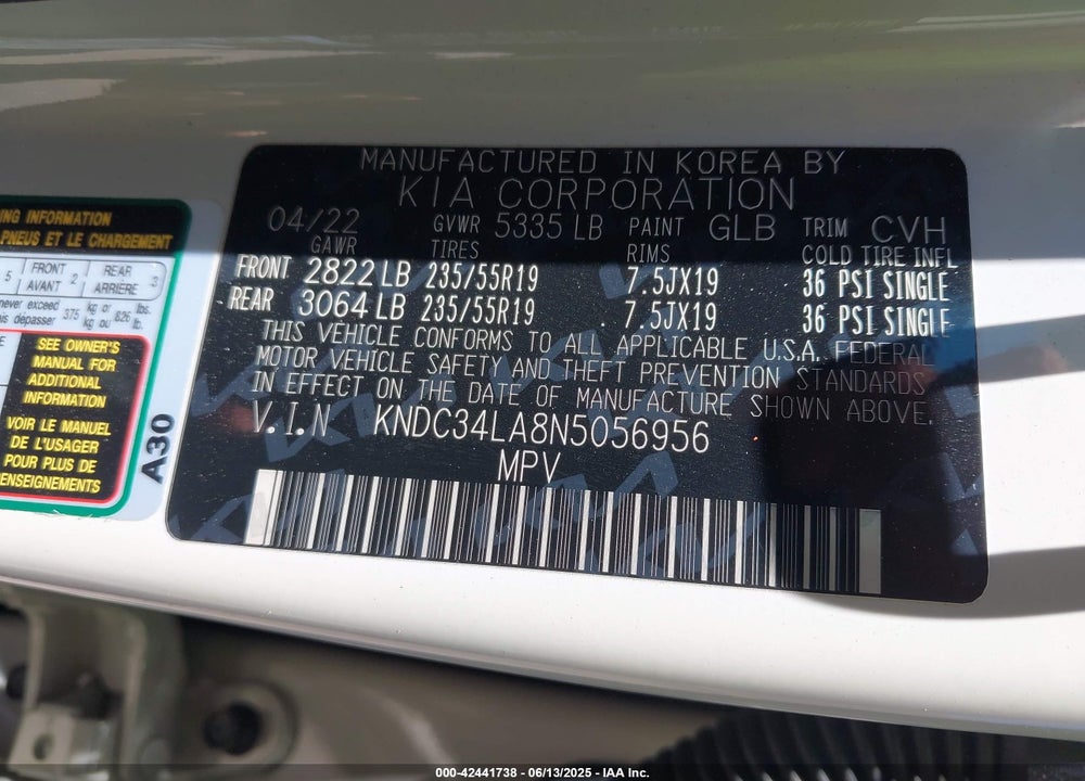 2022 KIA EV6 VIN: KNDC34LA8N5056956