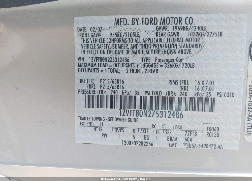 2007 FORD MUSTANG VIN: 1ZVFT80N275312486