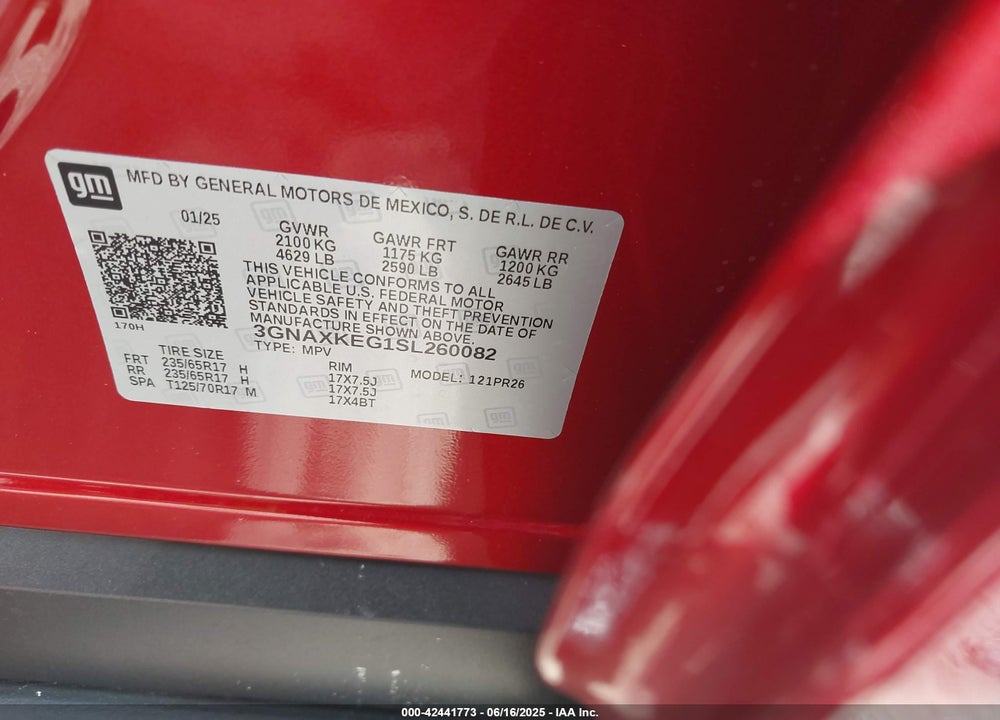 2025 CHEVROLET EQUINOX VIN: 3GNAXKEG1SL260082