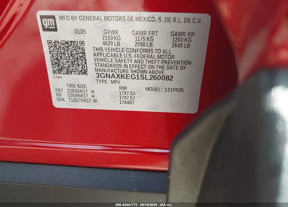 2025 CHEVROLET EQUINOX VIN: 3GNAXKEG1SL260082