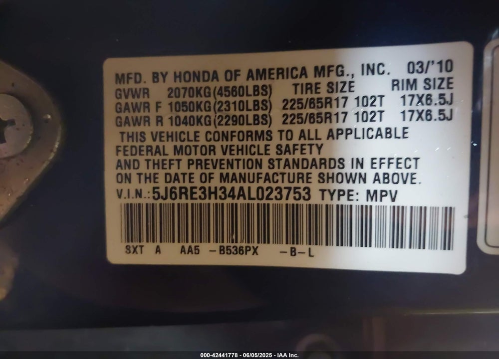 2010 HONDA CR-V LX VIN: 5J6RE3H34AL023753