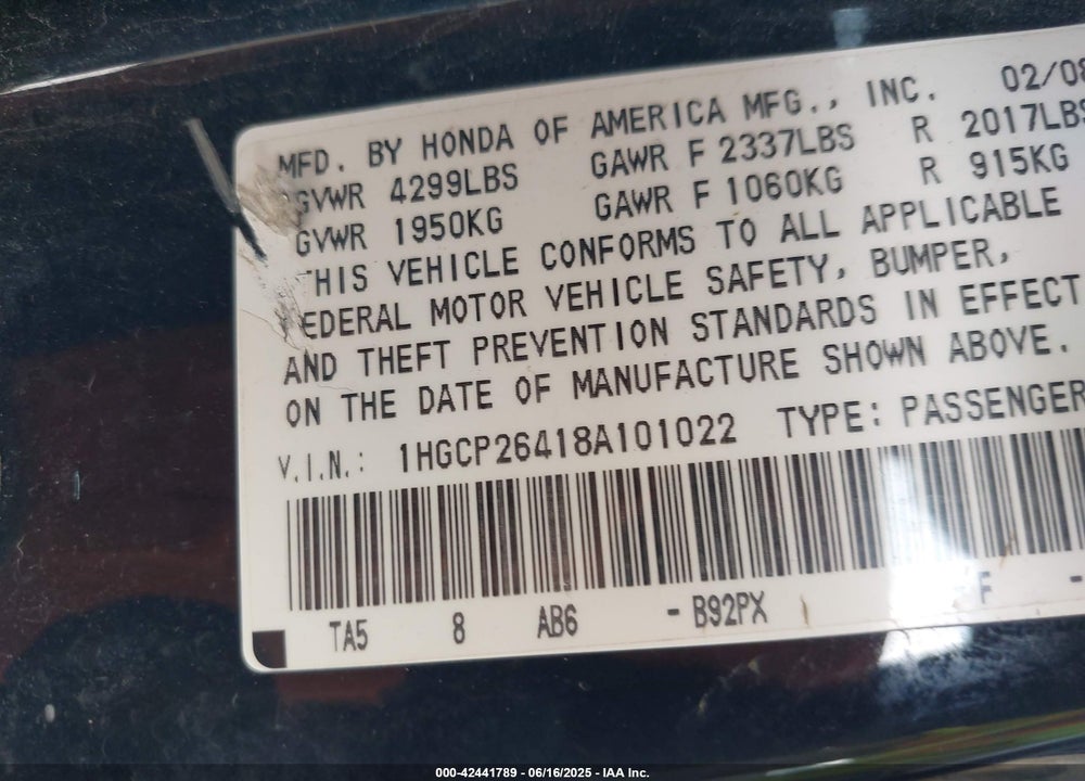 2008 HONDA ACCORD 2.4 LX-P VIN: 1HGCP26418A101022