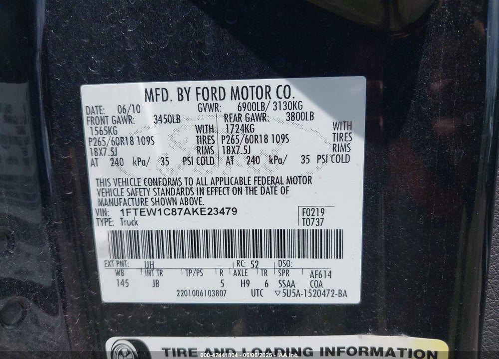 2010 FORD F-150 VIN: 1FTEW1C87AKE23479