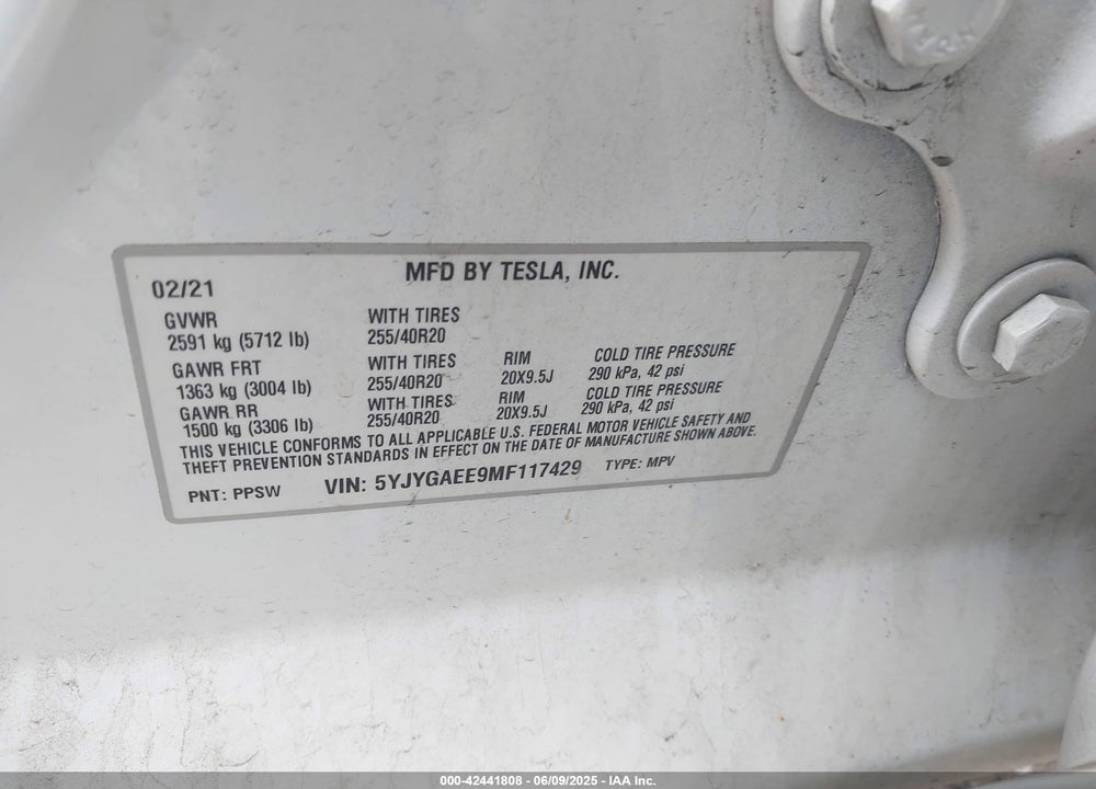 2021 TESLA MODEL Y LONG RANGE DUAL MOTOR ALL-WHEEL DRIVE VIN: 5YJYGAEE9MF117429