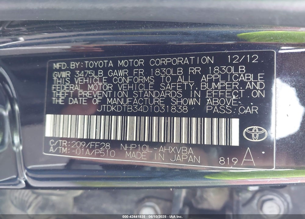 2013 TOYOTA PRIUS C TWO VIN: JTDKDTB34D1031838
