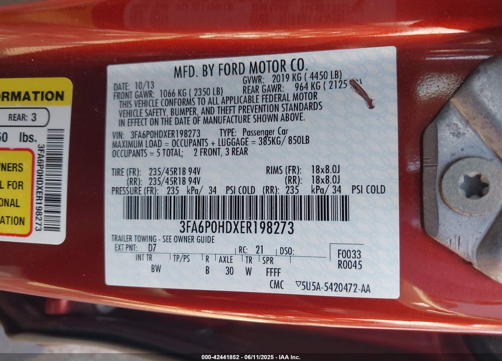 2014 FORD FUSION VIN: 3FA6P0HDXER198273