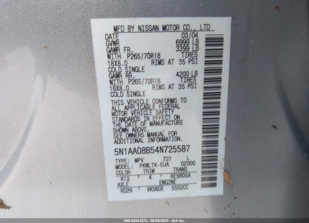 2004 NISSAN PATHFINDER ARMADA SE VIN: 5N1AA08B54N725587