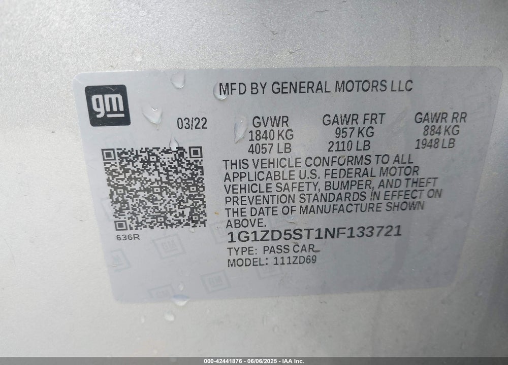 2022 CHEVROLET MALIBU VIN: 1G1ZD5ST1NF133721