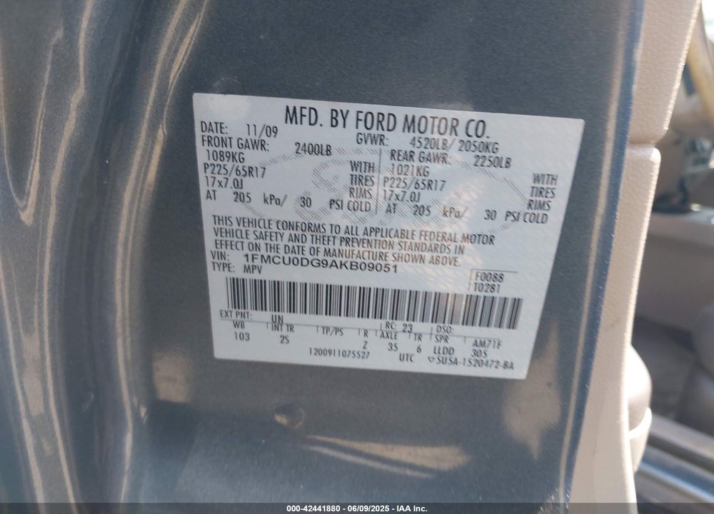 2010 FORD ESCAPE VIN: 1FMCU0DG9AKB09051