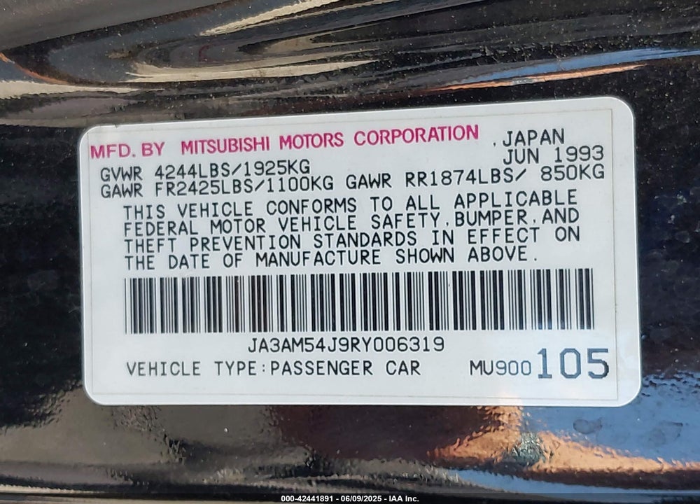 1994 MITSUBISHI 3000 GT VIN: JA3AM54J9RY006319