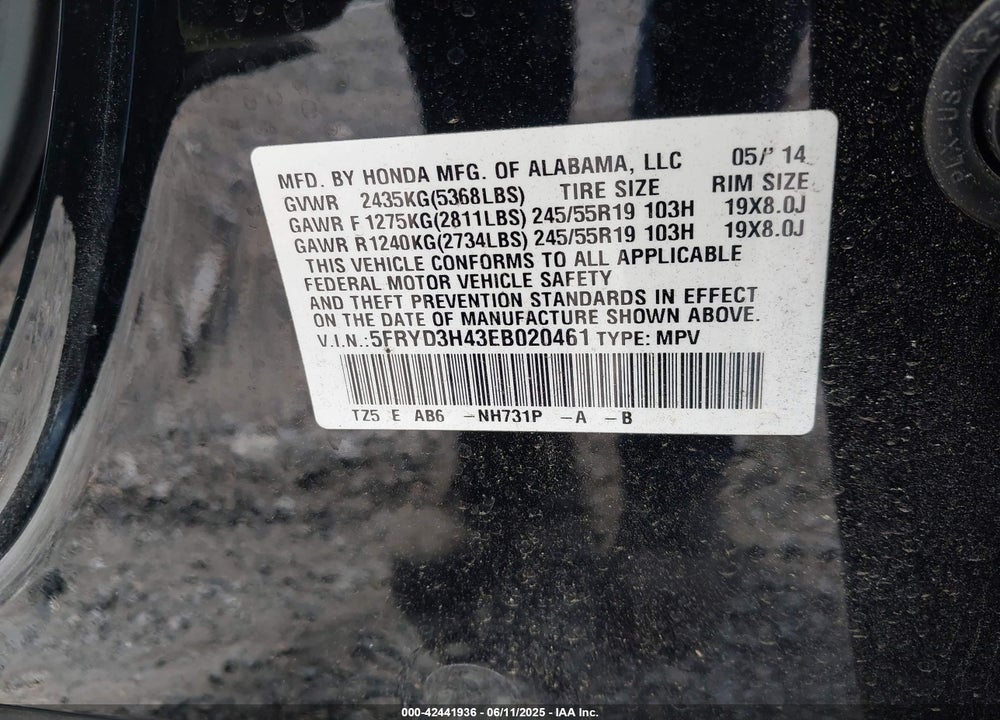 2014 ACURA MDX VIN: 5FRYD3H43EB020461