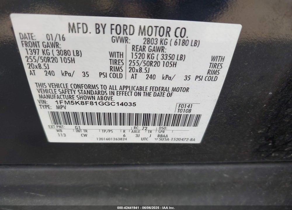 2016 FORD EXPLORER VIN: 1FM5K8F81GGC14035