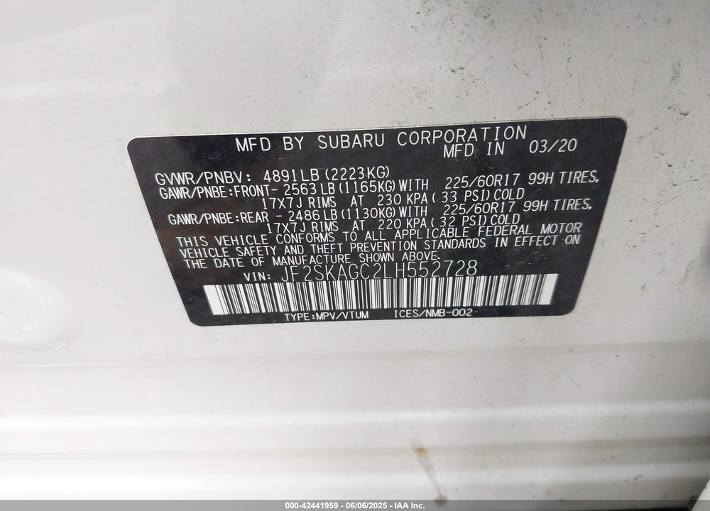 2020 SUBARU FORESTER VIN: JF2SKAGC2LH552728