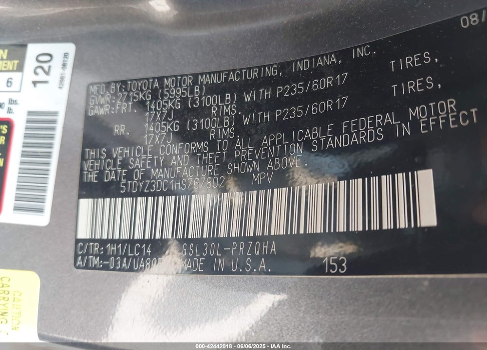 2017 TOYOTA SIENNA XLE 8 PASSENGER VIN: 5TDYZ3DC1HS767802