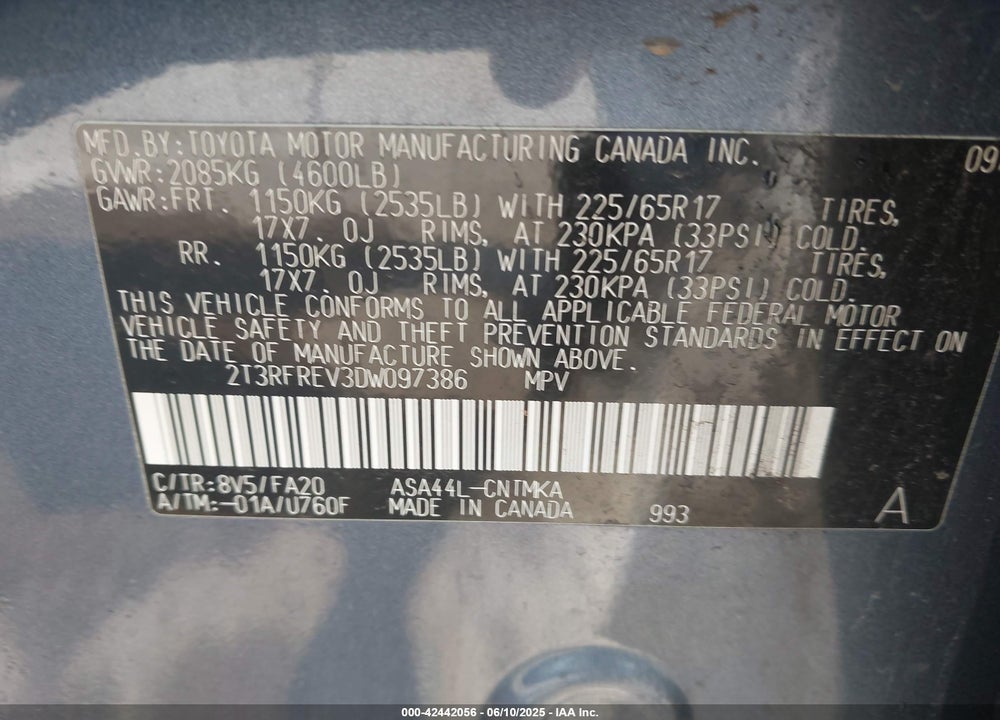 2013 TOYOTA RAV4 VIN: 2T3RFREV3DW097386