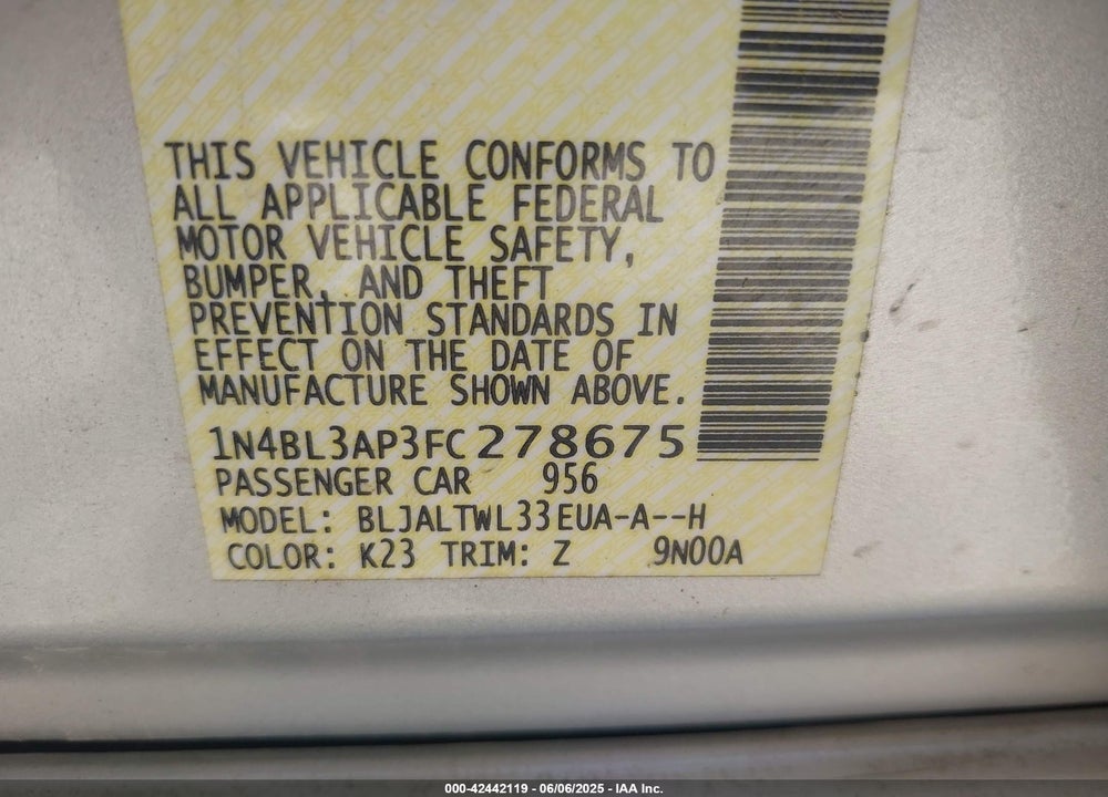 2015 NISSAN ALTIMA VIN: 1N4BL3AP3FC278675