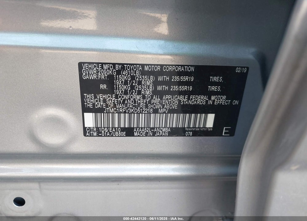2019 TOYOTA RAV4 VIN: JTMC1RFV3KD512218