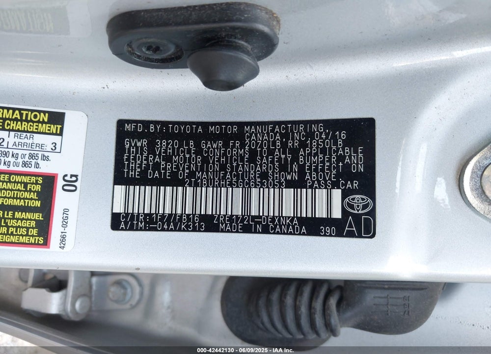 2016 TOYOTA COROLLA LE VIN: 2T1BURHE5GC653053