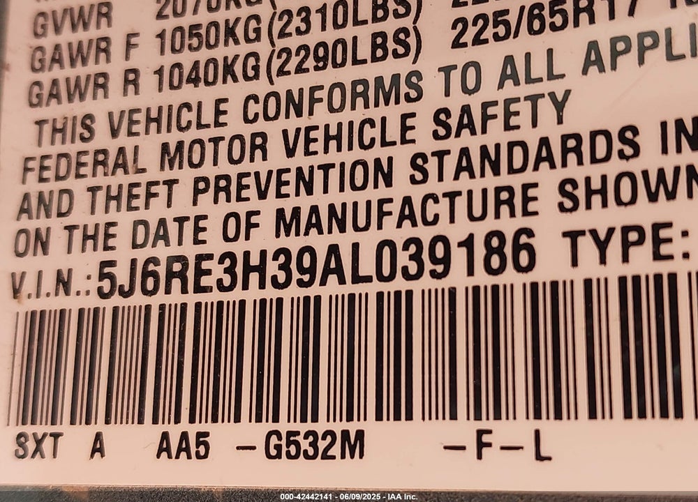 2010 HONDA CR-V LX VIN: 5J6RE3H39AL039186