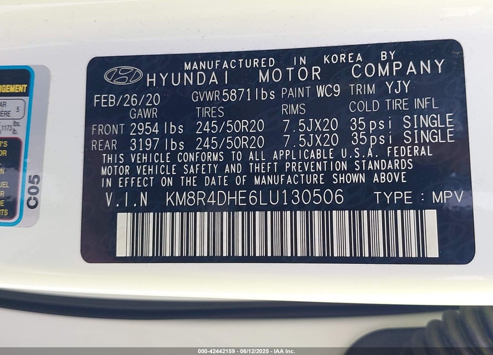 2020 HYUNDAI PALISADE VIN: KM8R4DHE6LU130506