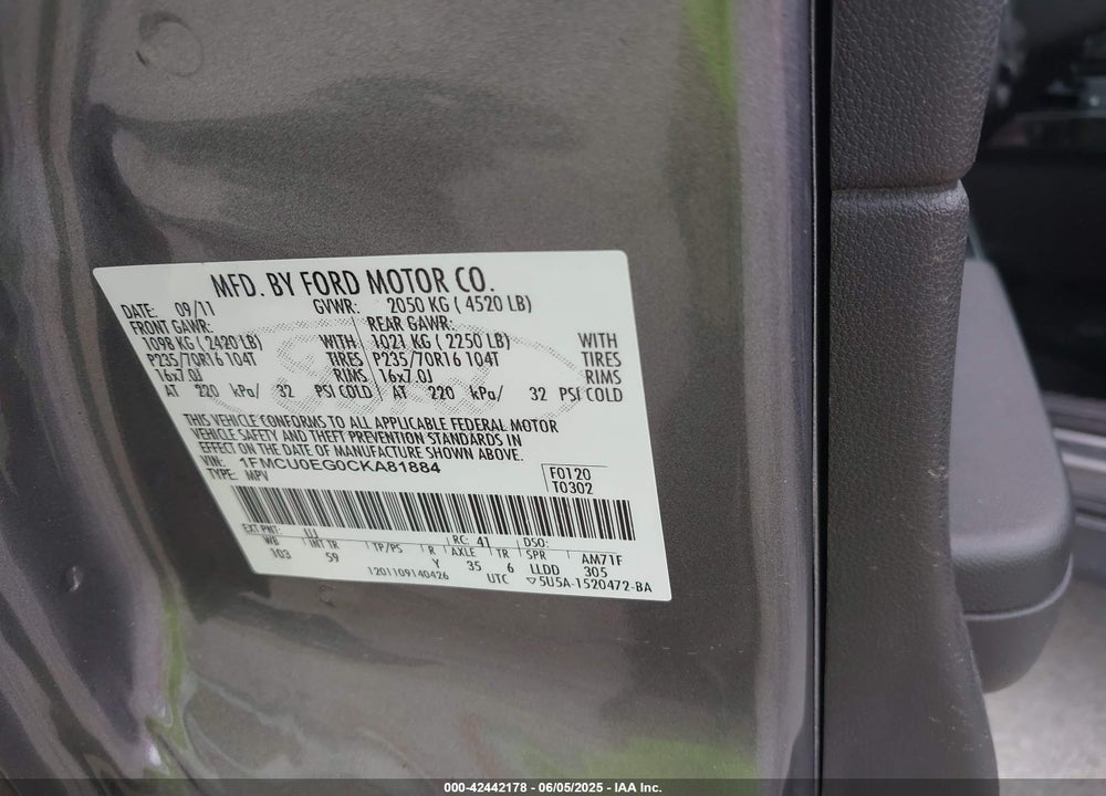 2012 FORD ESCAPE VIN: 1FMCU0EG0CKA81884