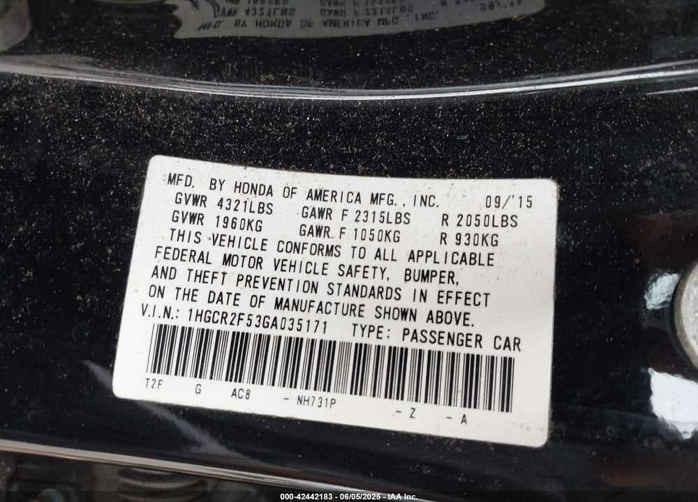 2016 HONDA ACCORD SPORT VIN: 1HGCR2F53GA035171