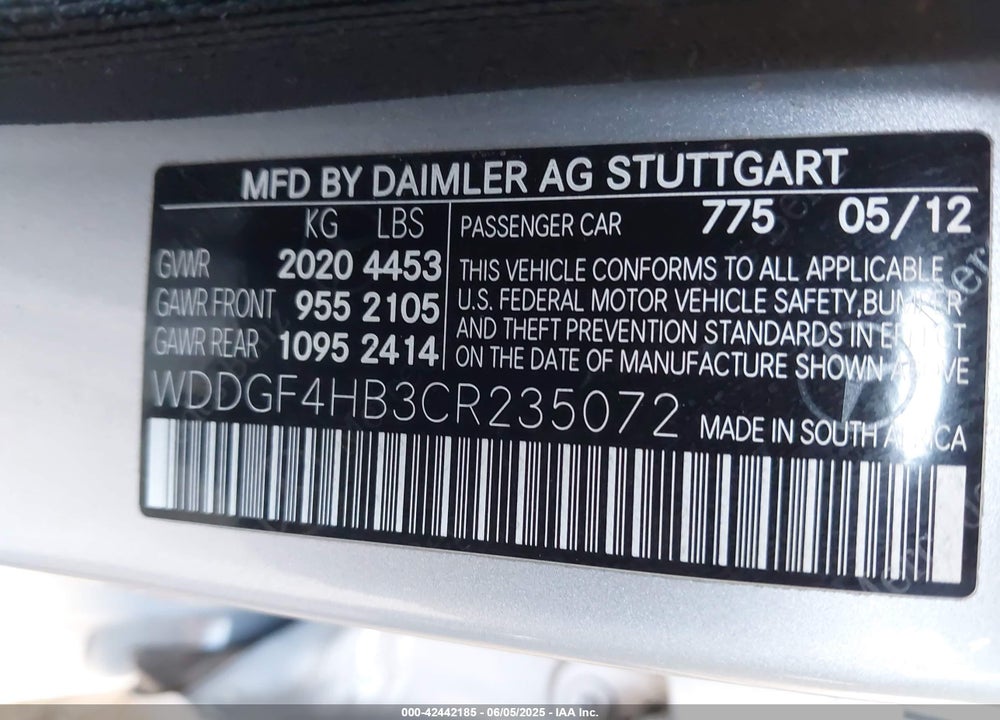 2012 MERCEDES-BENZ C CLASS VIN: WDDGF4HB3CR235072