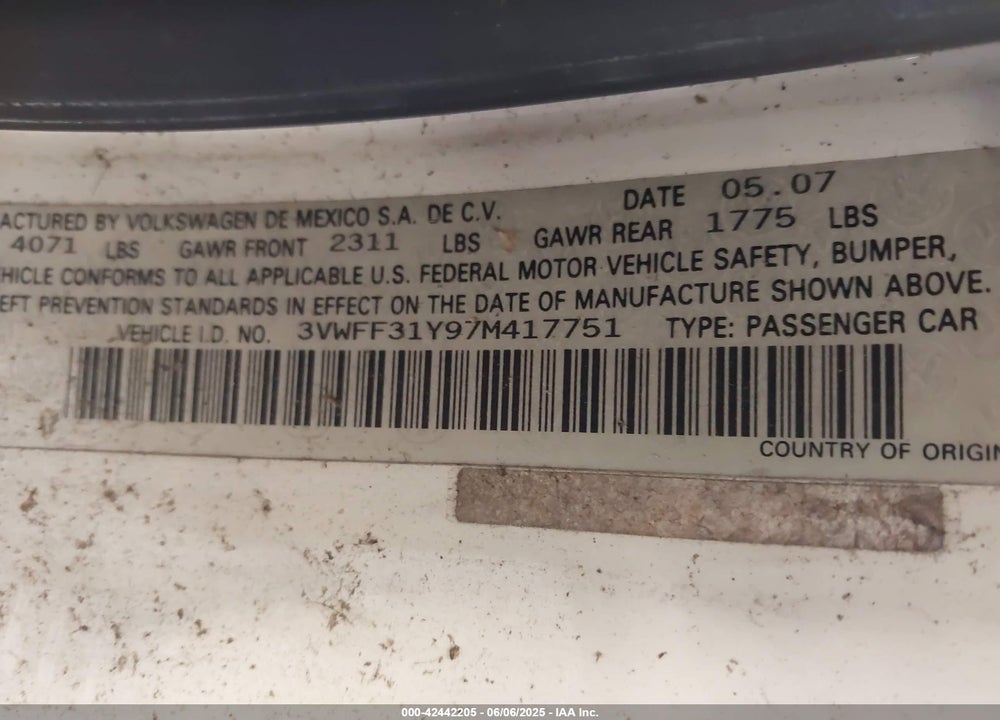 2007 VOLKSWAGEN NEW BEETLE VIN: 3VWFF31Y97M417751