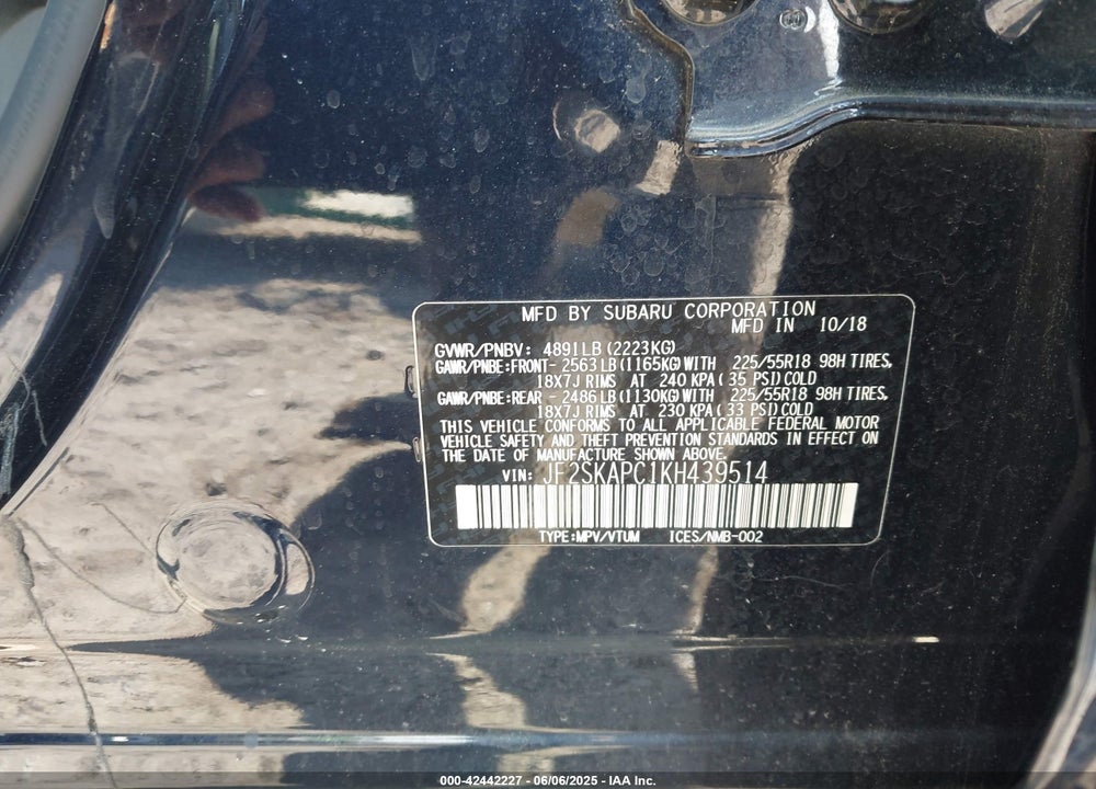 2019 SUBARU FORESTER VIN: JF2SKAPC1KH439514