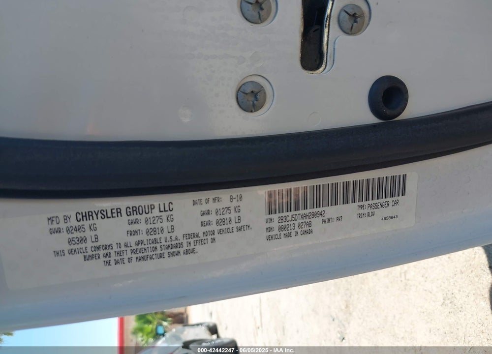 2010 DODGE CHALLENGER R/T VIN: 2B3CJ5DTXAH280942