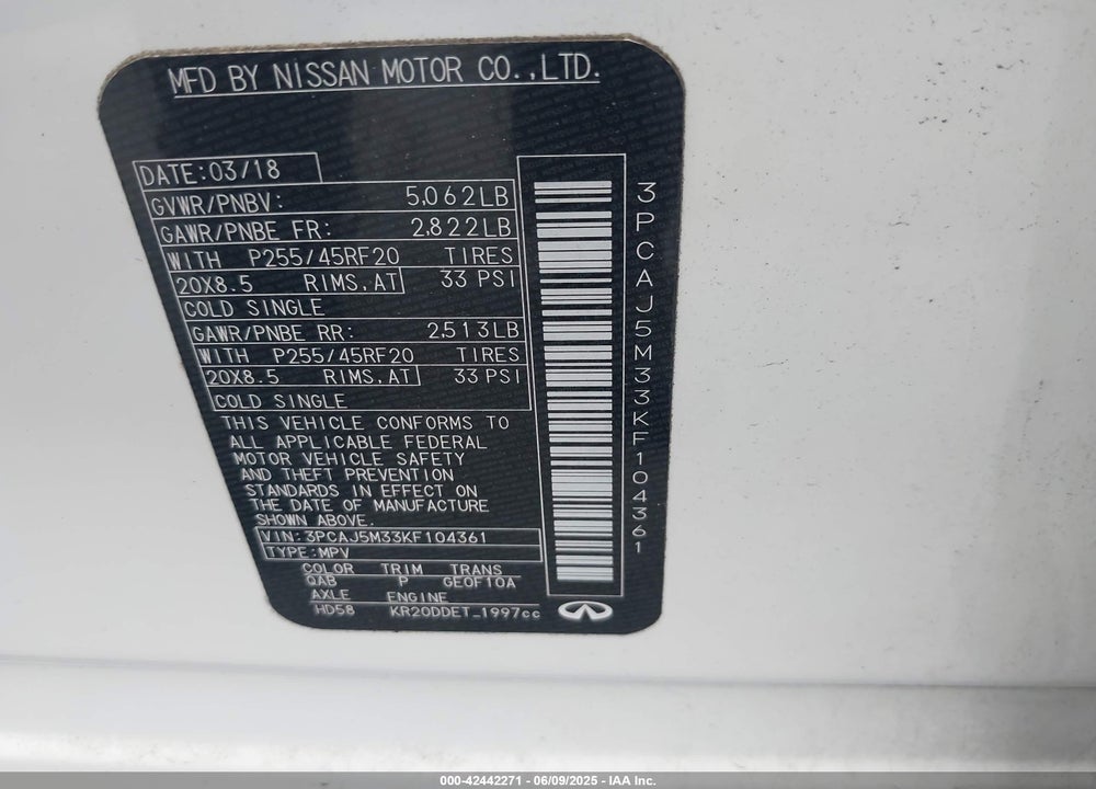 2019 INFINITI QX50 VIN: 3PCAJ5M33KF104361