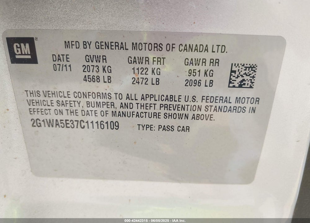 2012 CHEVROLET IMPALA VIN: 2G1WA5E37C1116109