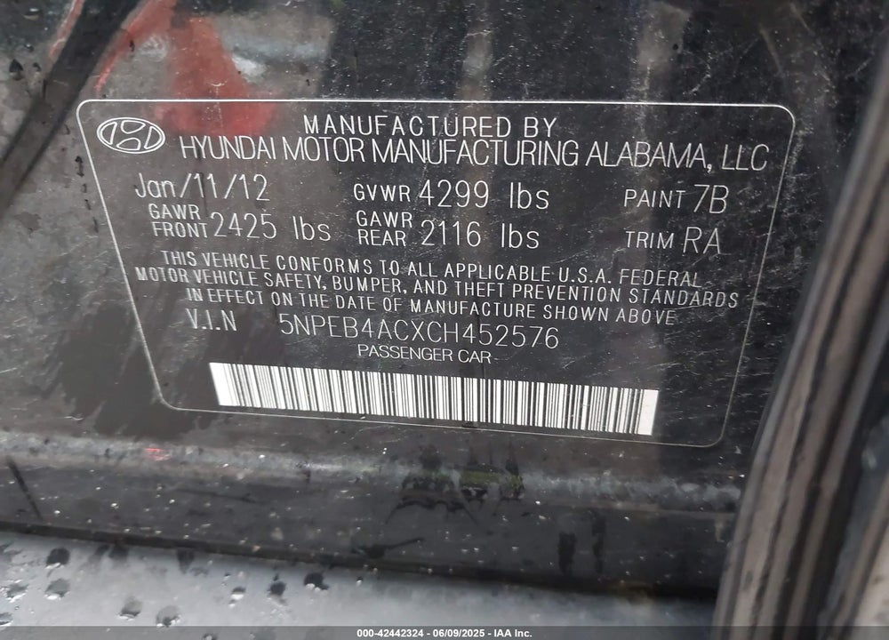 2012 HYUNDAI SONATA GLS VIN: 5NPEB4ACXCH452576