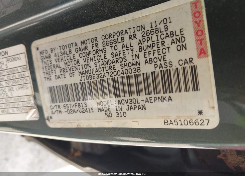 2002 TOYOTA CAMRY LE VIN: JTDBE32K720040038