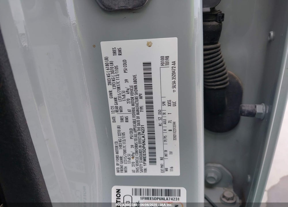 2022 FORD BRONCO BADLANDS VIN: 1FMEE5DP6NLA74231